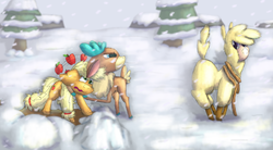 Size: 6363x3515 | Tagged: safe, artist:firefanatic, applejack, paprika (tfh), velvet (tfh), alpaca, deer, reindeer, them's fightin' herds, g4, absurd resolution, circling stars, community related, dizzy, fluffy, missing accessory, rope, scowl