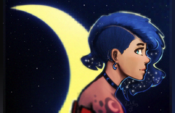 Size: 1400x906 | Tagged: safe, artist:darkflame75, princess luna, human, lunadoodle, g4, alternate hairstyle, choker, crescent moon, cutie mark, ear piercing, female, humanized, looking back, moon, night, piercing, profile, smiling, solo, undercut