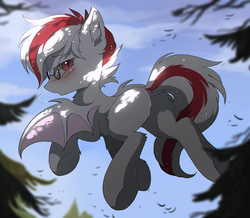 Size: 1000x870 | Tagged: safe, artist:hioshiru, oc, oc only, bat pony, bird, pony, blushing, butt, chromatic aberration, commission, dappled sunlight, female, flying, glasses, looking at you, looking back, mare, plot, rear view, sky, slit pupils, solo, spread wings, tree, underhoof, ych result