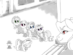 Size: 1000x750 | Tagged: safe, artist:yokokinawa, applejack, fluttershy, rainbow dash, rarity, twilight sparkle, oc, oc:dracula, pony, vampire, vampony, g4, appleborg, black and white, blushing, bowing, clothes, dracula, dress, goggles, grayscale, group, lamp, maid, male, monochrome, monocle, ponified, raised hoof, red eyes, smiling, stairs, stallion, steampunk, story in the source, vampire hunter