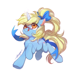 Size: 780x780 | Tagged: safe, artist:ciciya, oc, oc only, oc:pencil heart, pony, unicorn, bow, female, glasses, hair bow, mare, solo, tongue out, watermark