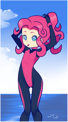 Size: 600x1080 | Tagged: safe, artist:drantyno, pinkie pie, human, g4, breasts, colored pupils, delicious flat chest, female, humanized, ocean, solo, wetsuit