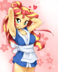 Size: 1400x1750 | Tagged: safe, artist:fromamida, sunset shimmer, equestria girls, abstract background, adorasexy, anime, apron, armpits, blushing, clothes, colored pupils, cute, female, hair tie, happi, heart, looking at you, mouth hold, sexy, shimmerbetes, solo, standing, stupid sexy sunset shimmer, sunset sushi, toy interpretation