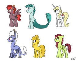 Size: 2656x2142 | Tagged: safe, artist:torusthescribe, oc, oc only, oc:apple spice, oc:beauregard, oc:candlewick, oc:golden fantasy, oc:mozart, oc:rainbow dust, earth pony, hybrid, merpony, pegasus, pony, sea pony, unicorn, earth pony oc, female, group, high res, horn, interspecies offspring, magical lesbian spawn, male, mare, offspring, parent:applejack, parent:discord, parent:fluttershy, parent:lightning dust, parent:oc:fallen star, parent:pinkie pie, parent:pokey pierce, parent:prince blueblood, parent:rainbow dash, parent:rarity, parent:tree hugger, parent:twilight sparkle, parents:bluejack, parents:canon x oc, parents:discolight, parents:flutterhugger, parents:pokeypie, parents:rainbowdust, pegasus oc, signature, simple background, stallion, unicorn oc, white background, wings
