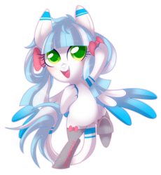 Size: 3812x4144 | Tagged: safe, artist:sorasku, oc, oc only, original species, pony, shark pony, bipedal, bow, clothes, colored pupils, female, hair bow, high res, mare, simple background, smiling, socks, solo, transparent background