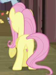 Size: 289x389 | Tagged: safe, screencap, fluttershy, pegasus, pony, g4, the hooffields and mccolts, butt, cropped, female, flutterbutt, mare, plot, raised hoof, solo