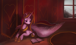 Size: 4000x2350 | Tagged: safe, artist:auroriia, princess cadance, queen chrysalis, alicorn, changeling, pony, g4, bed, book, crown, female, high res, jewelry, large wings, prone, reading, regalia, silhouette, smiling, solo, updated, when you see it, window, wings