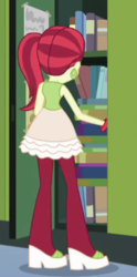 Size: 217x436 | Tagged: safe, screencap, rose heart, equestria girls, g4, my little pony equestria girls, book, bracelet, clothes, cropped, ear piercing, earring, female, high heels, jewelry, lockers, pantyhose, piercing, ponytail, rear view, sandals, side ponytail, skirt, solo, tank top