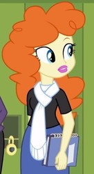 Size: 251x460 | Tagged: safe, screencap, golden hazel, sophisticata, equestria girls, g4, book, cropped, female, lockers, notebook, solo