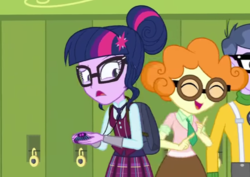 Size: 639x452 | Tagged: safe, screencap, micro chips, sci-twi, scribble dee, twilight sparkle, equestria girls, g4, my little pony equestria girls: friendship games, background human, backpack, canterlot high, clothes, crystal prep academy uniform, cute, glasses, lockers, necktie, school uniform, schoolgirl, scribblebetes