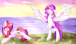 Size: 1520x873 | Tagged: safe, artist:equmoria, oc, oc only, oc:lina star, oc:sparkiss, duo, grass, sunrise, water