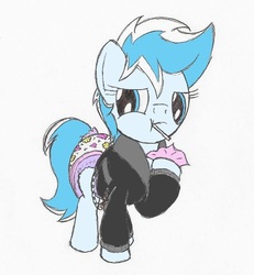 Size: 636x687 | Tagged: safe, artist:datspaniard, oc, oc only, oc:snow frost, candy, clothes, diaper, female, food, jacket, leather jacket, lollipop, non-baby in diaper, solo
