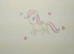 Size: 944x682 | Tagged: safe, artist:sumi-mlp25, fluttershy, butterfly, g4, female, filly, filly fluttershy, flying, happy, solo, traditional art