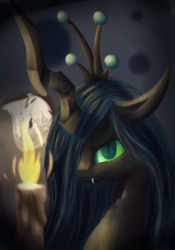 Size: 2101x3000 | Tagged: dead source, safe, artist:quefortia, queen chrysalis, changeling, changeling queen, g4, candle, crown, fangs, female, high res, jewelry, paper, regalia, solo