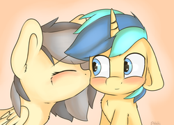 Size: 1024x734 | Tagged: safe, artist:dbleki, oc, oc only, oc:dex, oc:wolfix, pegasus, pony, unicorn, blushing, cheek kiss, cute, duo, eyes closed, female, floppy ears, fluffy, fluffyball, happy, kissing, love, male, ocbetes, orange background, simple background, smiling, straight