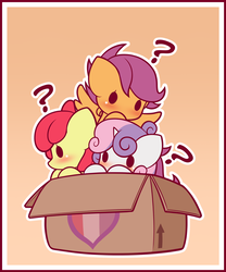 Size: 1125x1350 | Tagged: safe, artist:symbianl, apple bloom, scootaloo, sweetie belle, earth pony, pegasus, pony, unicorn, adorabloom, blushing, box, chibi, cute, cutealoo, cutie mark crusaders, diasweetes, hilarious in hindsight, pony in a box, question mark, simple background, symbianl's chibis, trio
