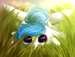 Size: 1024x788 | Tagged: safe, artist:peachmayflower, oc, oc only, pegasus, pony, female, floppy ears, grass, imminent pounce, looking at you, mare, solo