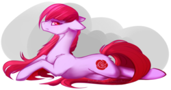 Size: 1002x531 | Tagged: safe, artist:alphaaquilae, oc, oc only, oc:cataclysm rose, earth pony, pony, female, long mane, looking at you, mare, prone, simple background, solo, transparent background