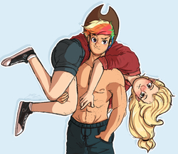 Size: 1411x1219 | Tagged: safe, artist:nolycs, applejack, rainbow dash, human, g4, abs, applejack's hat, blushing, clothes, converse, cowboy hat, female, freckles, half r63 shipping, hat, humanized, male, muscles, nipples, partial nudity, plaid shirt, rainbow blitz, rainbow dash wearing applejack's hat, rule 63, ship:appleblitz, shipping, shoes, shorts, simple background, smiling, straight, topless