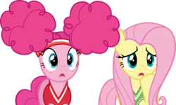 Size: 1023x614 | Tagged: safe, artist:cantercoltz, fluttershy, pinkie pie, buckball season, g4, bottomless, clothes, duo, partial nudity, pinktails pie, simple background, transparent background, vector