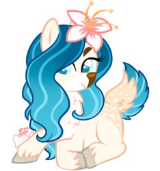 Size: 1024x1094 | Tagged: safe, artist:sugahfox, oc, oc only, oc:oceania, deer pony, original species, flower, flower in hair, prone, simple background, solo, transparent background