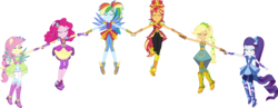 Size: 9668x3737 | Tagged: safe, artist:limedazzle, applejack, fluttershy, pinkie pie, rainbow dash, rarity, sunset shimmer, equestria girls, g4, my little pony equestria girls: legend of everfree, absurd resolution, alternate hairstyle, balloon, boots, clothes, crystal guardian, crystal wings, eyes closed, group, high heel boots, jewelry, ponytail, shoes, show accurate, simple background, smiling, sneakers, sparkles, sun, transparent background, wings