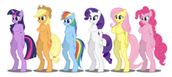 Size: 1368x615 | Tagged: safe, artist:flash equestria photography, applejack, fluttershy, pinkie pie, rainbow dash, rarity, twilight sparkle, anthro, unguligrade anthro, g4, animated, animated png, barbie doll anatomy, big breasts, breasts, busty applejack, busty fluttershy, busty pinkie pie, busty rarity, featureless breasts, female, mane six, pinkie being pinkie, show accurate, show accurate anthro, simple background