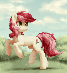 Size: 3465x3776 | Tagged: safe, artist:aphphphphp, roseluck, earth pony, pony, g4, chest fluff, colored pupils, cute, ear fluff, female, fluffy, high res, looking back, mare, rearing, shoulder fluff, solo, unshorn fetlocks