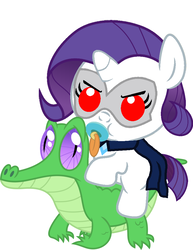 Size: 786x1017 | Tagged: safe, artist:red4567, gummy, rarity, pony, g4, ponies of dark water, babity, baby, baby pony, cute, doctor doomity, evil, pacifier, ponies riding gators, pure unfiltered evil, raribetes, rarity riding gummy, riding, younger