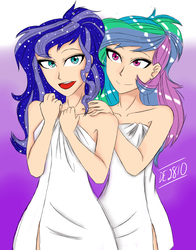 Size: 1869x2380 | Tagged: safe, artist:deeemperor, princess celestia, princess luna, human, g4, alternate hairstyle, digital art, female, gradient background, humanized, naked towel, open mouth, ponytail, royal sisters, signature, sisters, smiling, towel