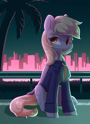 Size: 4000x5500 | Tagged: safe, artist:aphphphphp, derpy hooves, pegasus, pony, g4, absurd resolution, city, clothes, female, jacket, mare, night, open mouth, road, sitting, solo, stars, tree