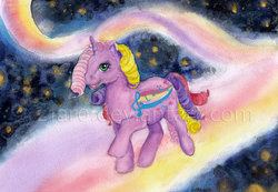 Size: 800x554 | Tagged: safe, artist:z1ar0, streaky, g1, colored pencil drawing, female, ink, pen drawing, pencil drawing, rainbow curl pony, solo, traditional art, watercolor painting, watermark