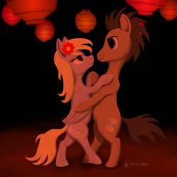 Size: 2048x2048 | Tagged: safe, artist:darkdabula, derpy hooves, doctor whooves, time turner, earth pony, pony, g4, bipedal, dancing, female, flower, flower in hair, high res, lantern, male, ship:doctorderpy, shipping, straight