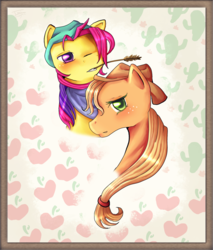 Size: 1411x1653 | Tagged: safe, artist:ini-inayah, applejack, tex, earth pony, pony, g1, g4, applejack's hat, cowboy hat, female, hat, mare, ship:texjack, straw in mouth