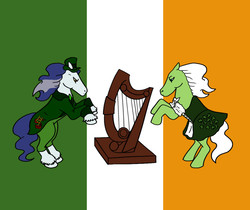 Size: 1071x900 | Tagged: safe, artist:systemcat, chief, minty (g1), g1, big brother ponies, commission, flag, harp, ireland, male, musical instrument