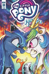 Size: 1032x1566 | Tagged: safe, artist:andypriceart, idw, philomena, princess celestia, princess luna, tiberius, alicorn, phoenix, pony, friends forever #38, g4, my little pony: friends forever, spoiler:comic, angry, comic, cover, crossed horns, floppy ears, gritted teeth, here we go again, horn, horns are touching, looking at each other, open mouth, xk-class end-of-the-world scenario