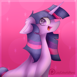 Size: 1024x1024 | Tagged: safe, artist:tizhonolulu, twilight sparkle, pony, unicorn, g4, bust, colored pupils, ear fluff, female, looking at you, patreon, patreon logo, pink, portrait, purple, solo, stars