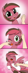 Size: 2481x6335 | Tagged: safe, artist:doublewbrothers, oc, oc only, oc:artista, pegasus, pony, amputee, boop, comic, commission, cute, ear scratch, eyes closed, female, glasses, gradient background, hand, high res, laughing, looking at you, mare, missing limb, ocbetes, one eye closed, one winged pegasus, peg leg, pony simulator, prosthetic leg, prosthetic limb, prosthetics, smiling, tickling, tongue out, wink
