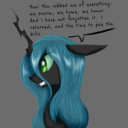 Size: 1000x1000 | Tagged: safe, artist:ruanshi, queen chrysalis, changeling, g4, angry, dialogue, fangs, female, floppy ears, former queen chrysalis, gray background, simple background, solo
