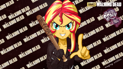 Size: 2560x1440 | Tagged: safe, artist:ngrycritic, sunset shimmer, equestria girls, g4, baseball bat, crossover, female, grin, looking at you, lucille, negan, negan shimmer, smiling, solo, style emulation, the walking dead, uotapo-ish