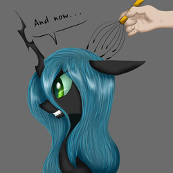 Size: 1000x1000 | Tagged: safe, artist:ruanshi, queen chrysalis, changeling, human, g4, dialogue, female, former queen chrysalis, gray background, hand, head scratch, scratcher, simple background, solo, this will end in tears and/or death