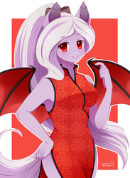 Size: 600x818 | Tagged: safe, artist:exceru-karina, oc, oc only, oc:violet thorn, bat pony, anthro, anthro oc, armpits, cheongsam, clothes, female, looking at you, mare, ribbon, side slit, simple background, smiling, solo