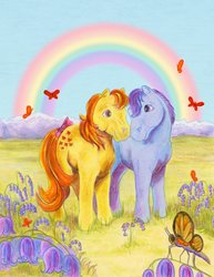 Size: 1024x1323 | Tagged: safe, artist:calzephyr, blue belle, butterscotch (g1), butterfly, g1, bow, flower, mountain, rainbow, tail bow, traditional art