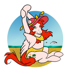 Size: 840x878 | Tagged: safe, artist:systemcat, paradise, g1, beach, bikini, bikini bottom, bikini top, clothes, commission, female, hat, mare, solo, swimsuit