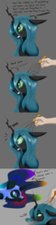Size: 1000x4000 | Tagged: safe, artist:ruanshi, nightmare moon, queen chrysalis, alicorn, changeling, changeling queen, human, pony, g4, female, hand, head massager, lidded eyes, massage, moaning, relaxed, simple background, tongue out
