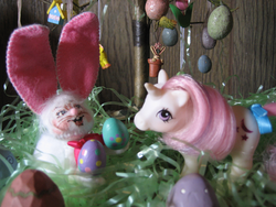 Size: 700x525 | Tagged: safe, artist:sound-of-heaven, baby moondancer, pony, rabbit, g1, baby, baby pony, bird house, easter, easter bunny, easter egg, irl, photo, solo, toy