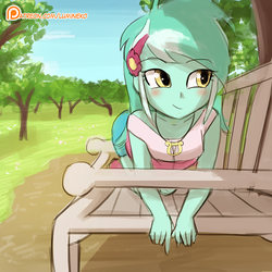 Size: 750x750 | Tagged: safe, artist:lumineko, lyra heartstrings, equestria girls, g4, all fours, bench, blushing, clothes, cute, female, humans doing horse things, jewelry, kneeling, lyra doing lyra things, lyrabetes, necklace, park, patreon, patreon logo, prone, smiling, solo, tree