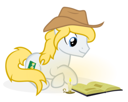 Size: 6667x5333 | Tagged: safe, artist:besttubahorse, oc, oc only, oc:hickory switch, earth pony, pony, absurd resolution, blonde mane, blue eyes, book, candle, clothes, cowboy hat, cutie mark, hat, lying down, male, reading, show accurate, simple background, solo, stetson, transparent background, vector, white pony