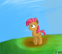 Size: 1280x1114 | Tagged: safe, artist:itsthinking, babs seed, earth pony, pony, g4, female, filly, foal, sky, smiling, solo, standing