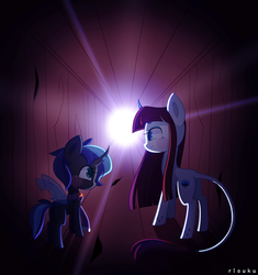 Size: 1024x1088 | Tagged: safe, artist:riouku, oc, oc only, changeling, pony, changeling oc, clothes, colored pupils, crepuscular rays, duo, female, hallway, mare, scarf